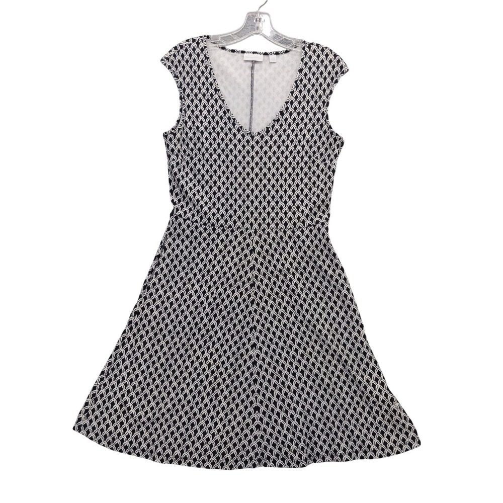 New York & Company Knit Dress Stretch Pockets Black White Geometric M